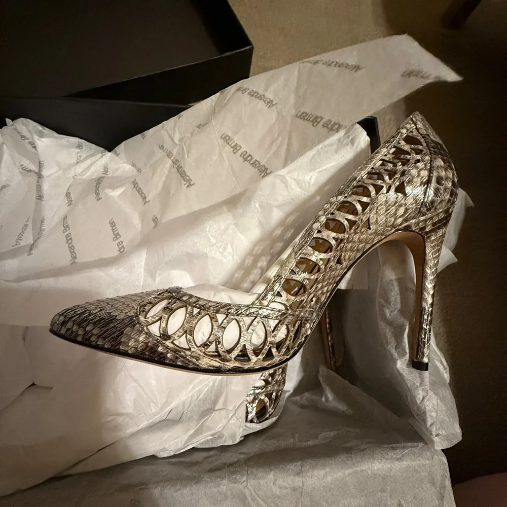 Alexandre Birman Snakeskin Laser Cut Cutout Stiletto Heels Size 36.5